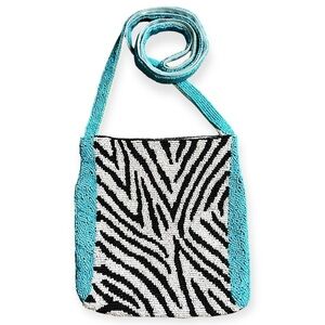 Funky Y2K Vintage Christiana Hand Beaded Zebra Print & Blue Square Crossbody Bag